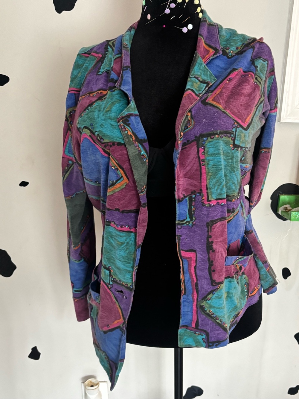 Confession vintage Abstract Patchwork Blazer in Purple, Teal & Blue m-XL